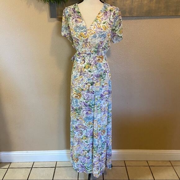 Lulus Feels Magical Ivory Floral Print Short Sleeve Wrap Maxi Dress - Picture 5 of 12